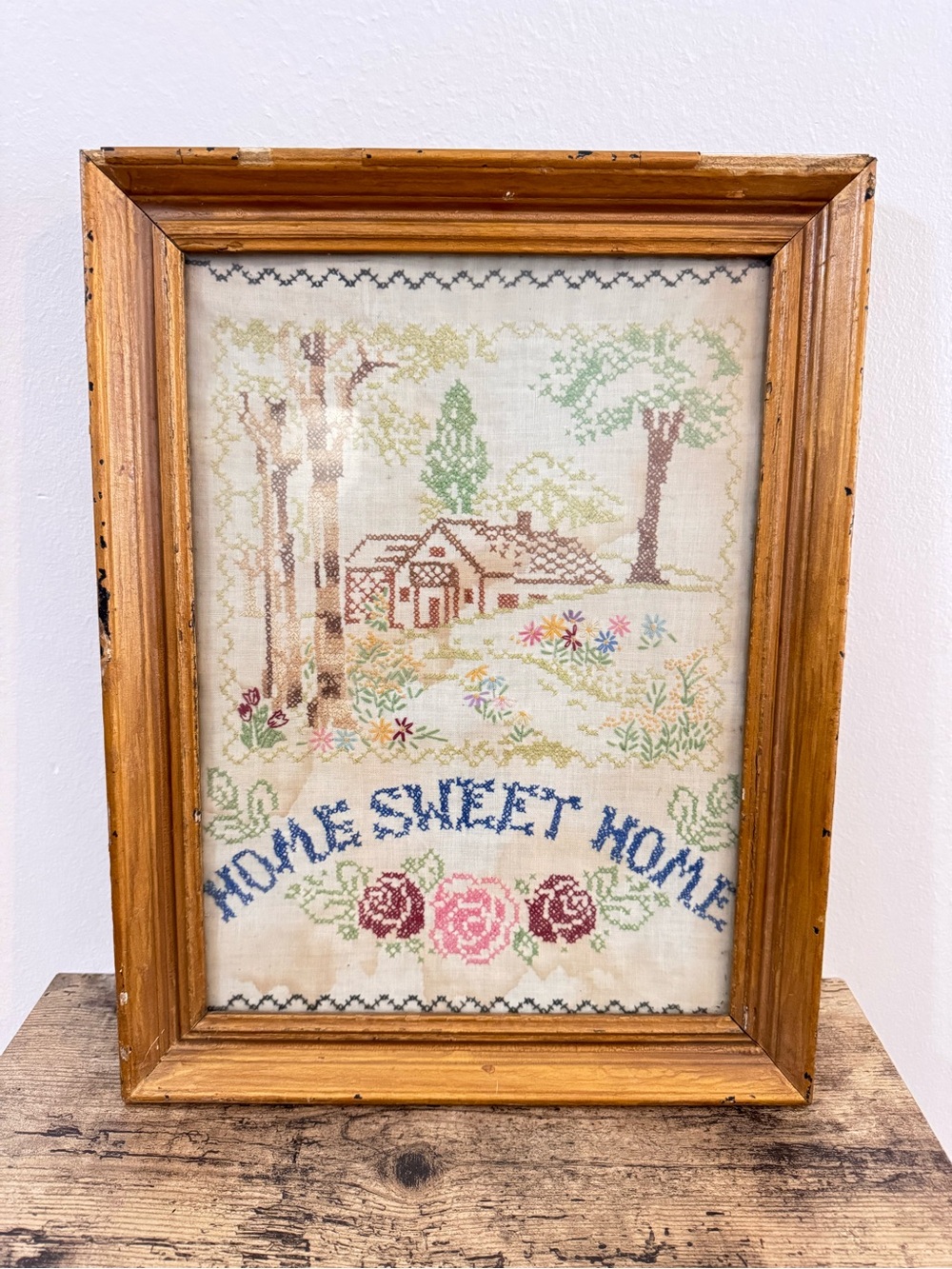 Vintage Framed “Home Sweet Home” Hand Cross Stitch Cottage Needlepoint Wall Art - Picture 6 of 6